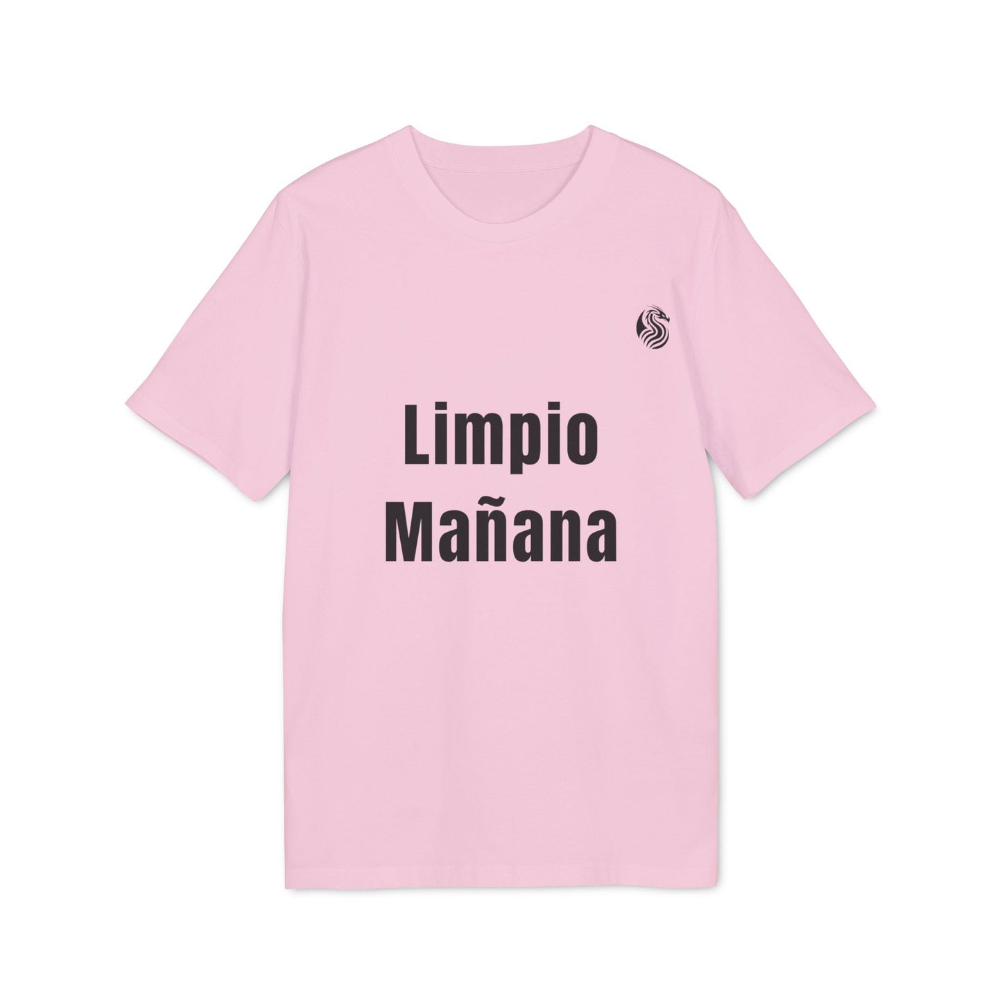 Alt Tag: Limpio Mañana Adolecente Premium Unisex T-Shirt en color rosa con estampado frontal "Limpio Mañana" y logo pequeño en el pecho
