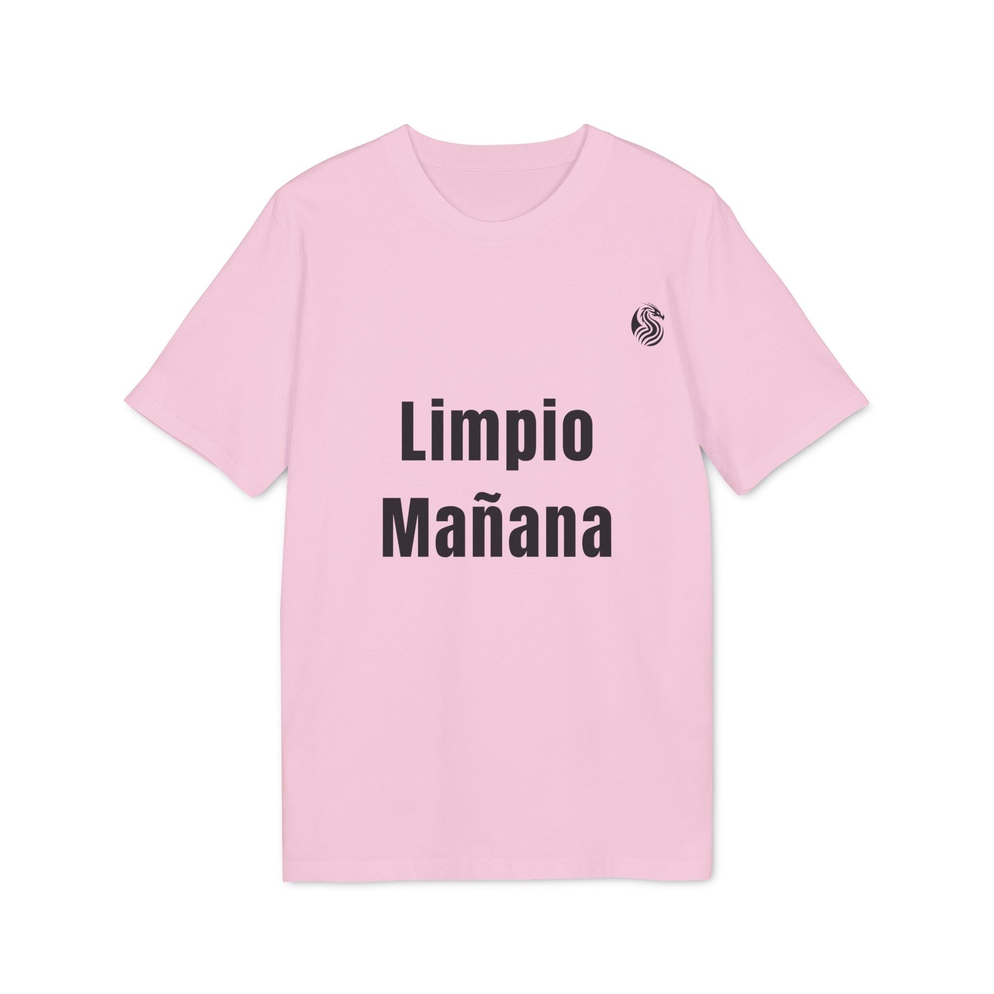 Alt Tag: Limpio Mañana Adolecente Premium Unisex T-Shirt en color rosa con estampado frontal "Limpio Mañana" y logo pequeño en el pecho