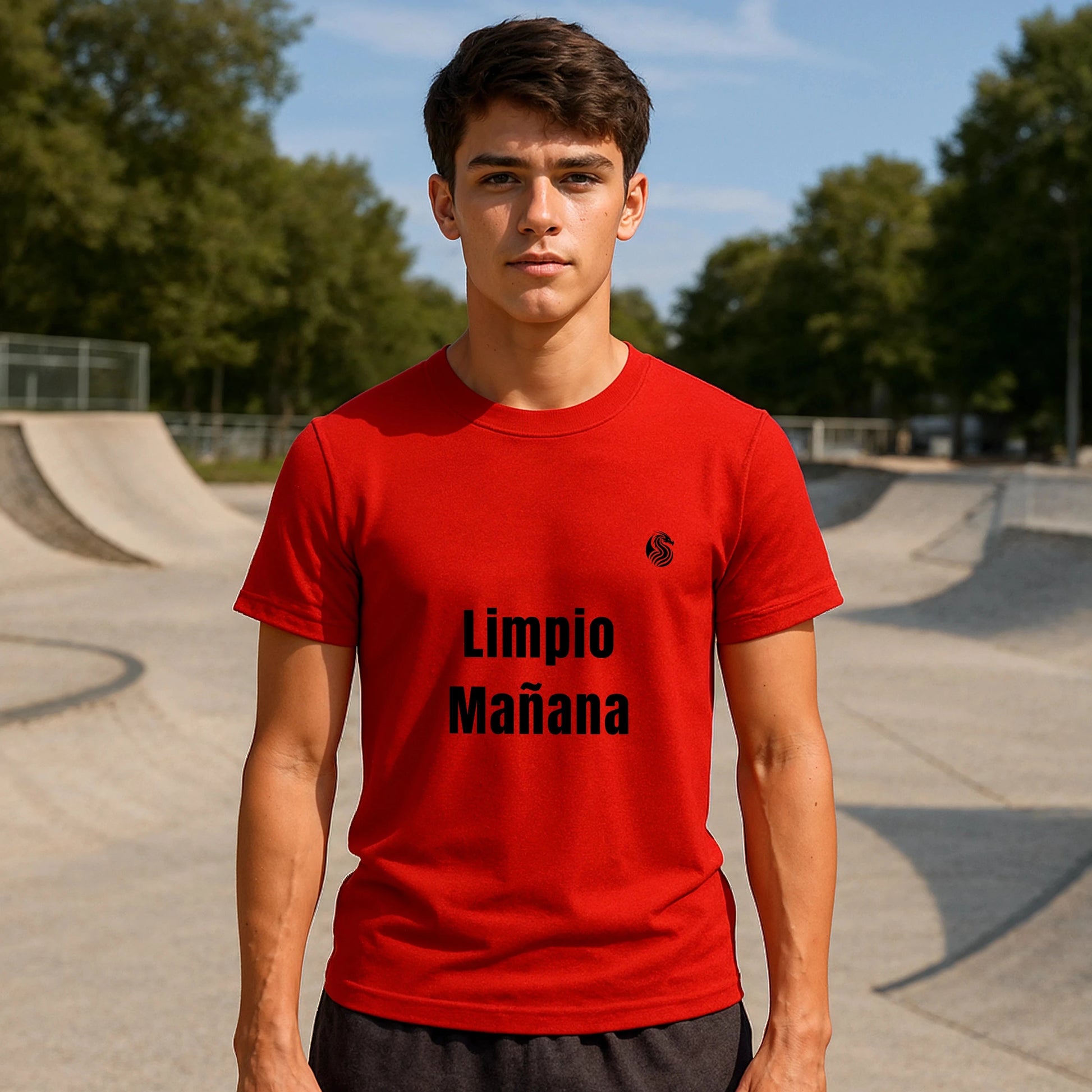 Alt Tag: Limpio Mañana Adolecente Premium Unisex T-Shirt camiseta unisex roja con texto “Limpio Mañana” en skatepark