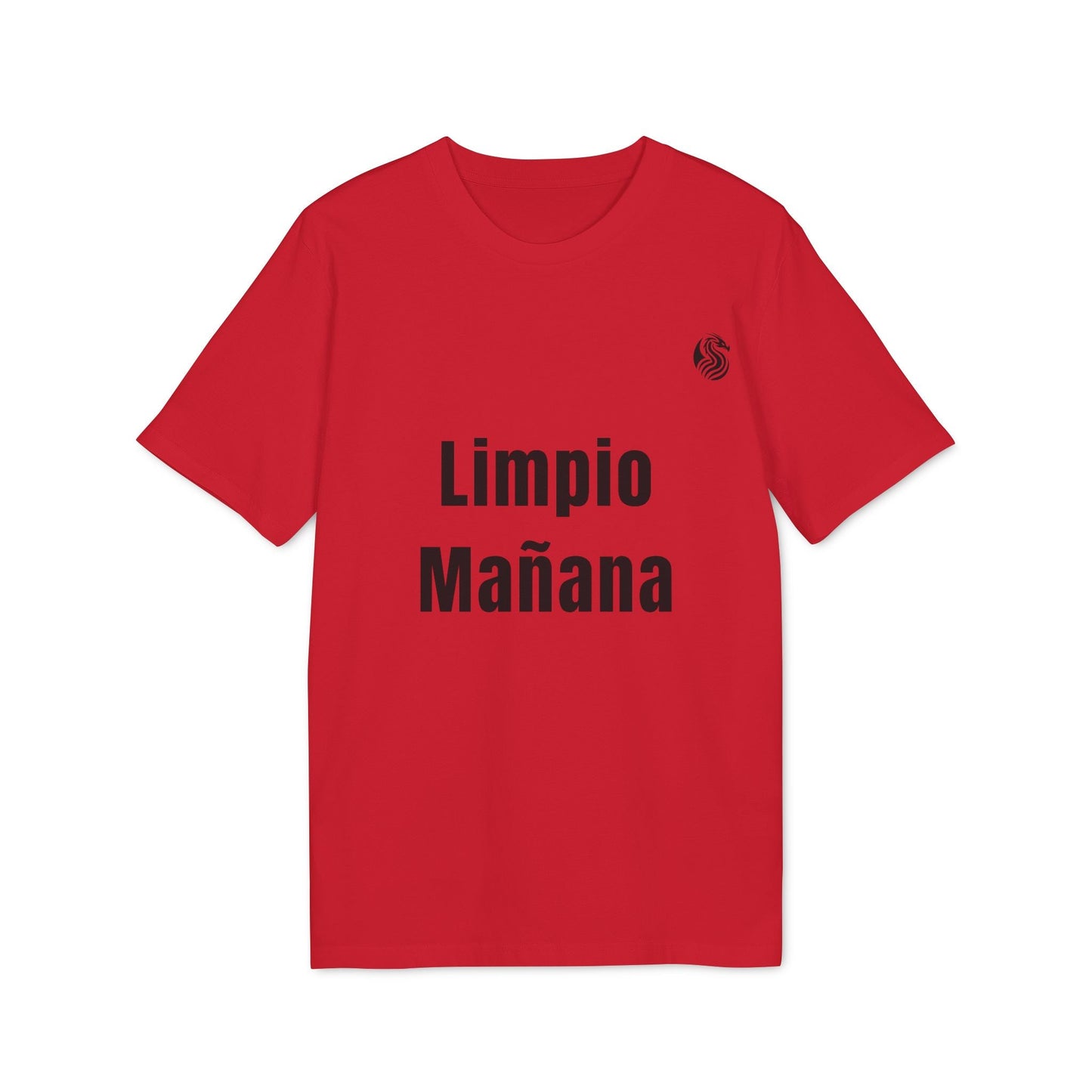 Alt Tag: Limpio Mañana Adolecente Premium Unisex T-Shirt camiseta unisex roja con texto “Limpio Mañana” en el frente