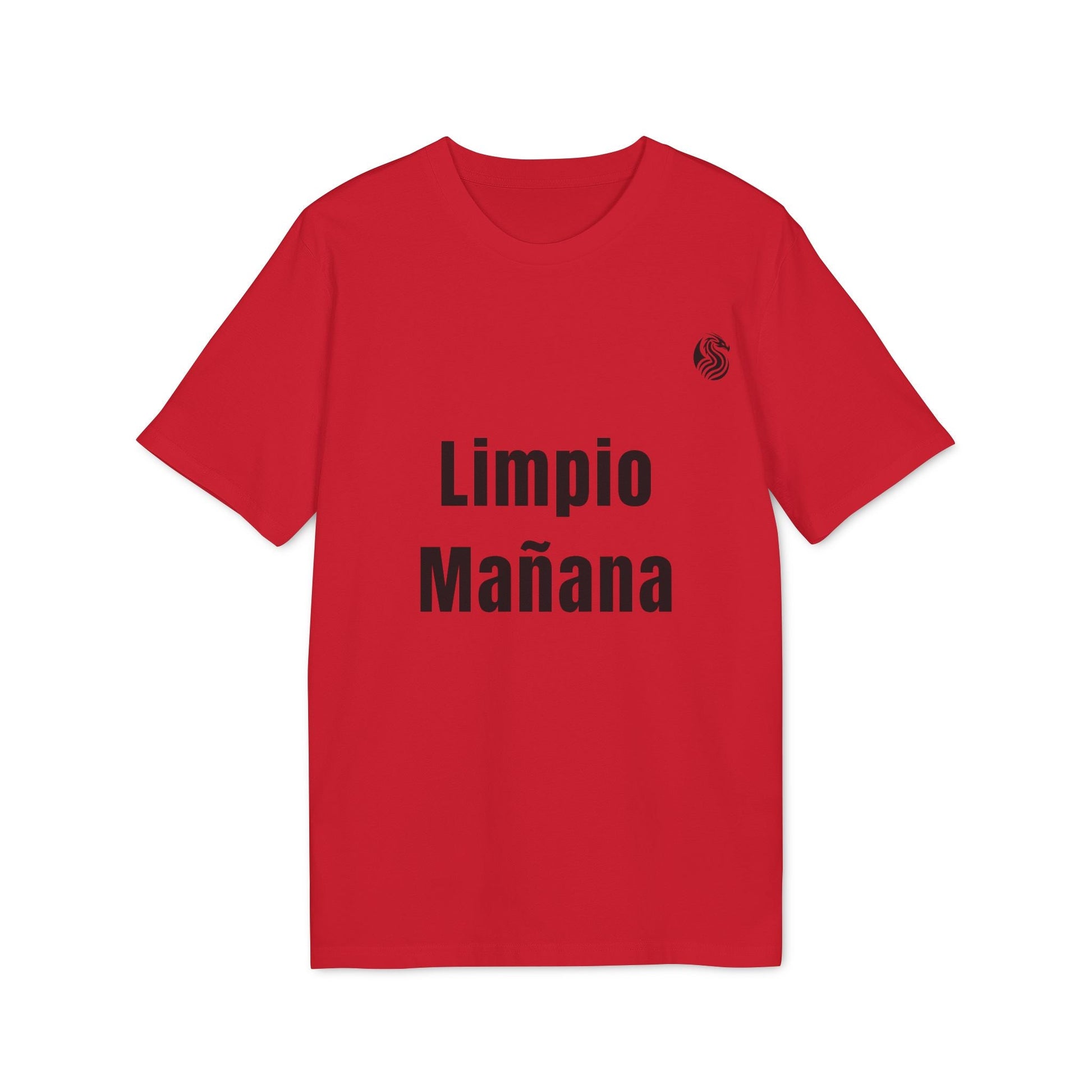 Alt Tag: Limpio Mañana Adolecente Premium Unisex T-Shirt camiseta unisex roja con texto “Limpio Mañana” en el frente