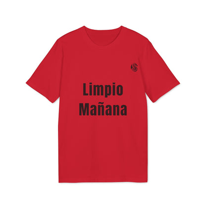 Alt Tag: Limpio Mañana Adolecente Premium Unisex T-Shirt camiseta unisex roja con texto “Limpio Mañana” en el frente