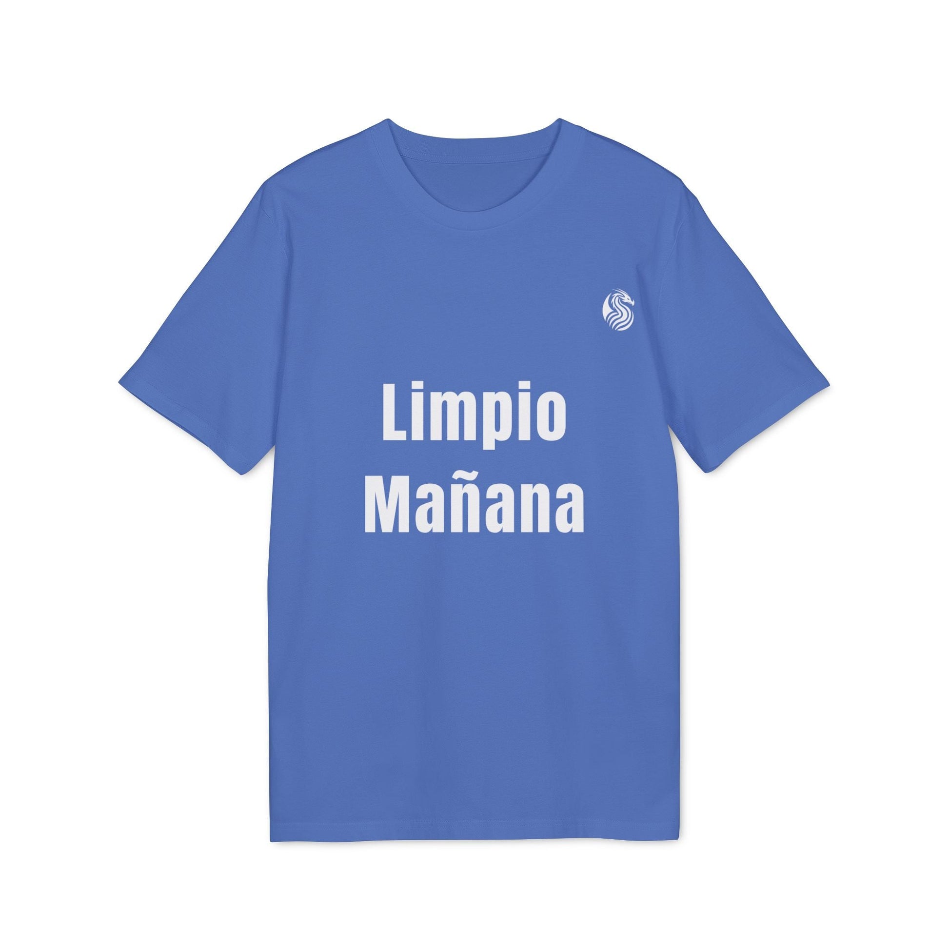 Alt Tag: Limpio Mañana Adolecente Premium Unisex T-Shirt azul con texto blanco “Limpio Mañana” en el frente, cuello redondo
