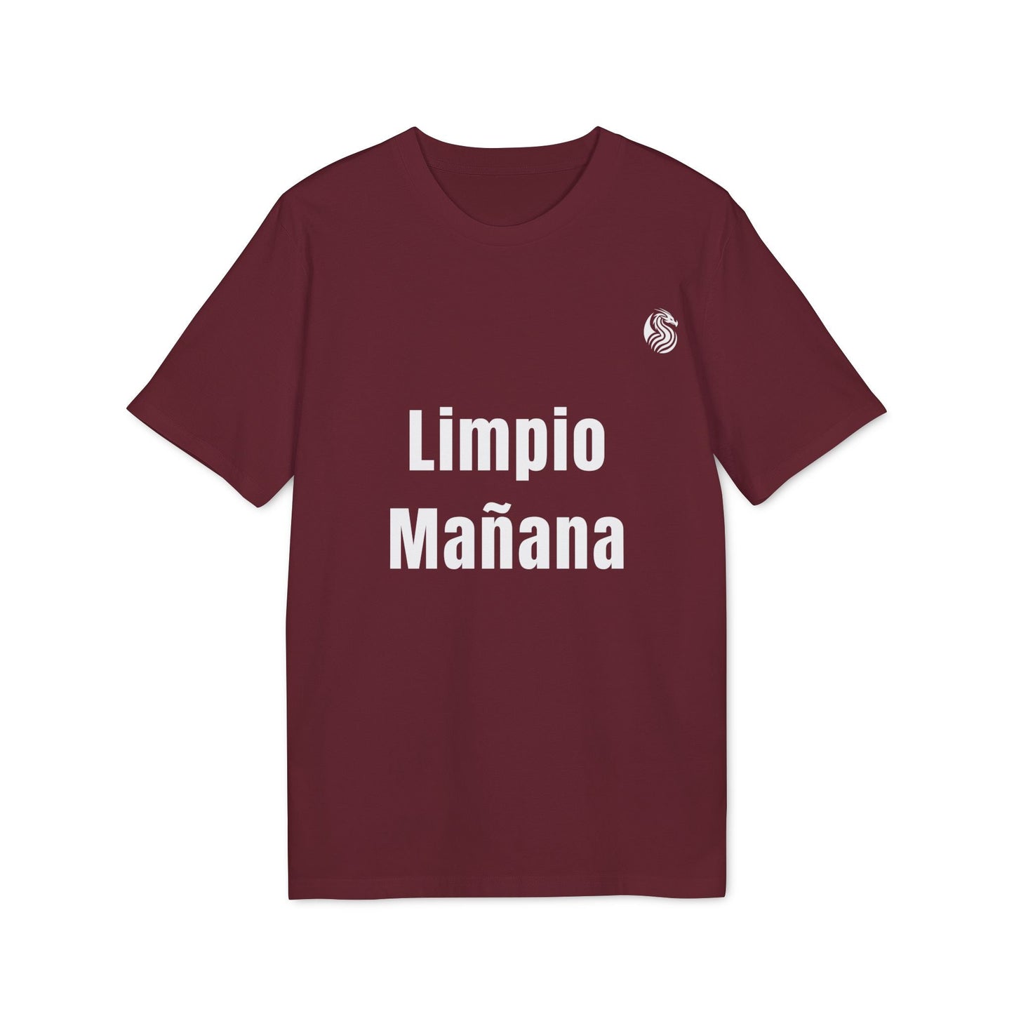 Alt Tag: Limpio Mañana Adolecente Premium Unisex T-Shirt camiseta unisex color burdeos con texto "Limpio Mañana" en el frente