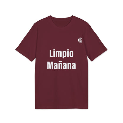 Alt Tag: Limpio Mañana Adolecente Premium Unisex T-Shirt camiseta unisex color burdeos con texto "Limpio Mañana" en el frente