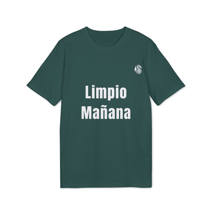 Alt Tag: Limpio Mañana Adolecente Premium Unisex T-Shirt camiseta unisex premium verde con texto "Limpio Mañana"