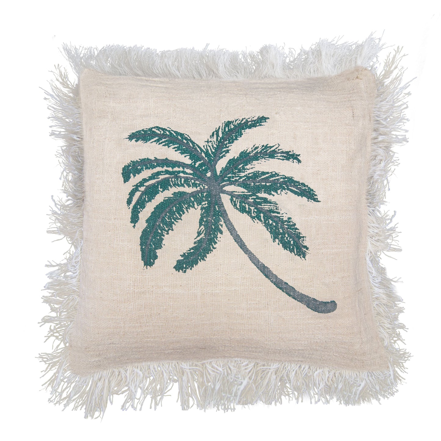 Alt Tag: Linen & Cotton Cushion – 60x60 CM Palm Tree Fringe, funda beige con palmera bordada en verde y flecos decorativos