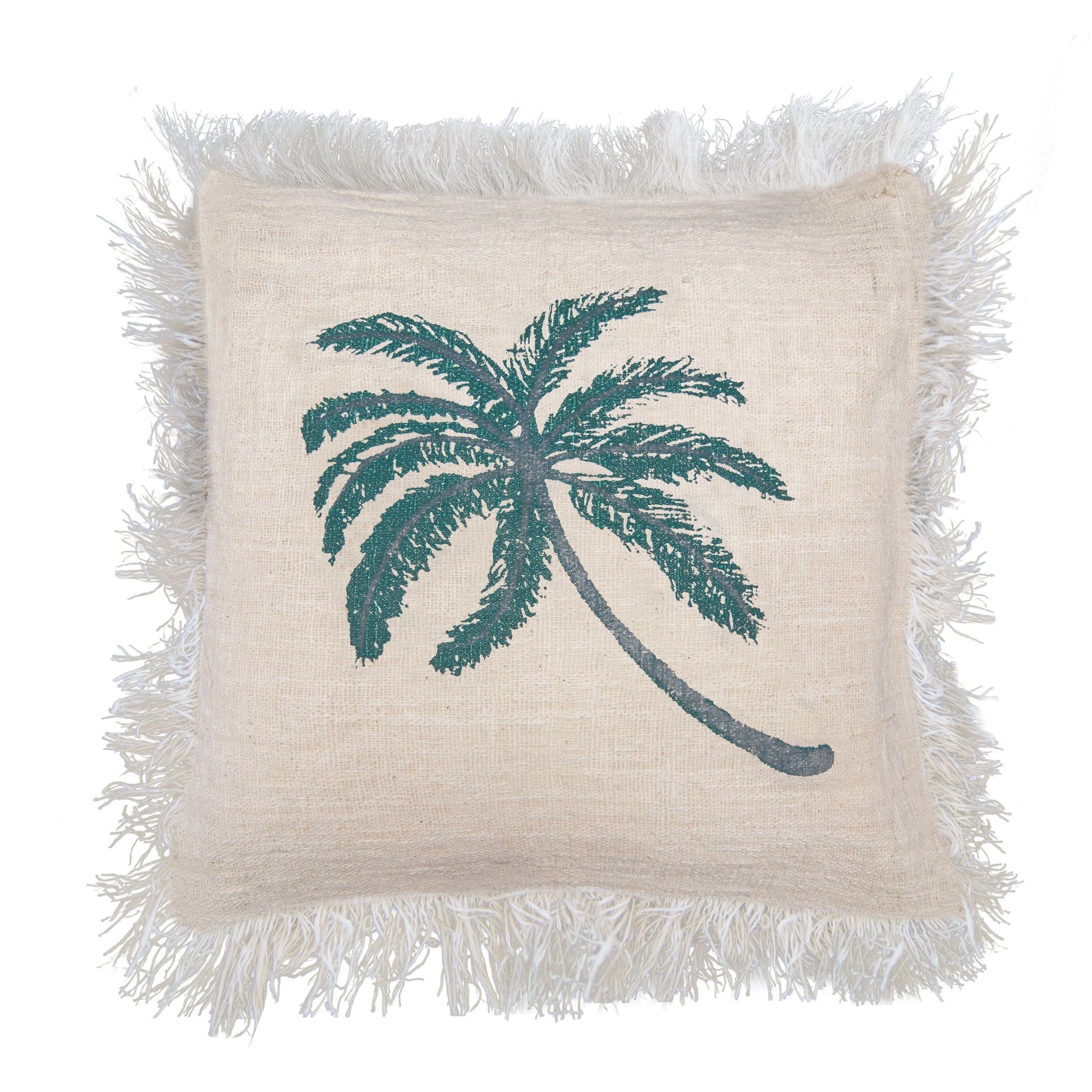 Alt Tag: Linen & Cotton Cushion – 60x60 CM Palm Tree Fringe, funda beige con palmera bordada en verde y flecos decorativos