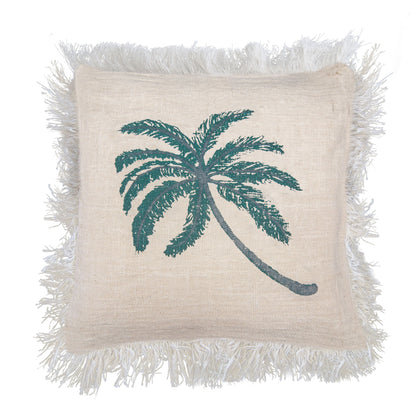 Alt Tag: Linen & Cotton Cushion – 60x60 CM Palm Tree Fringe, funda beige con palmera bordada en verde y flecos decorativos