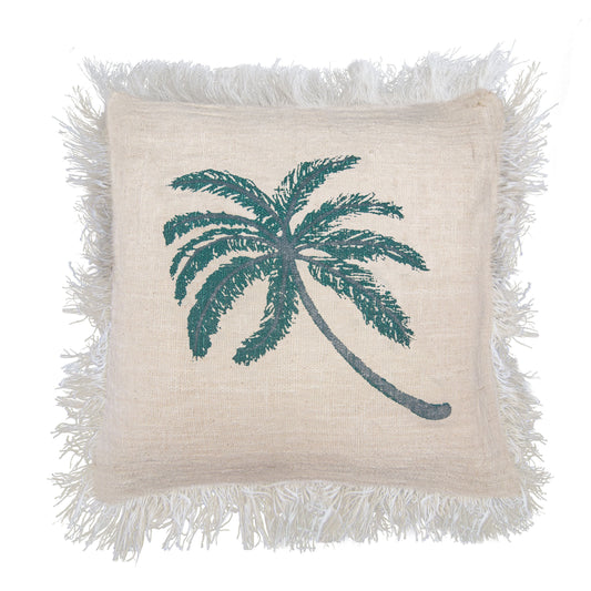 Alt Tag: Linen & Cotton Cushion – 60x60 CM Palm Tree Fringe, funda beige con palmera bordada en verde y flecos decorativos