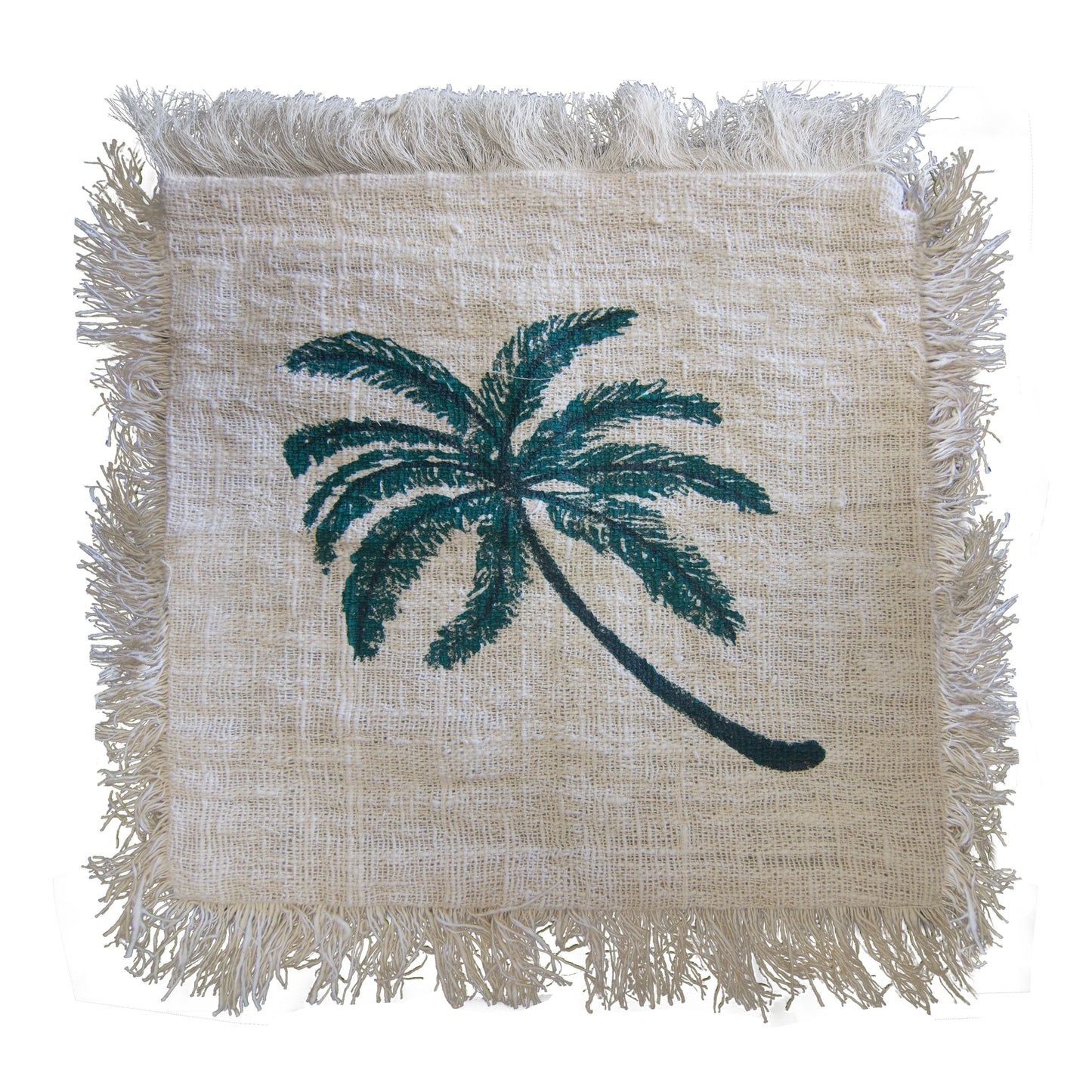 Linen & Cotton Cushion – 60x60 CM Palm Tree Fringe beige cushion cover with green palm tree print and fringed edges