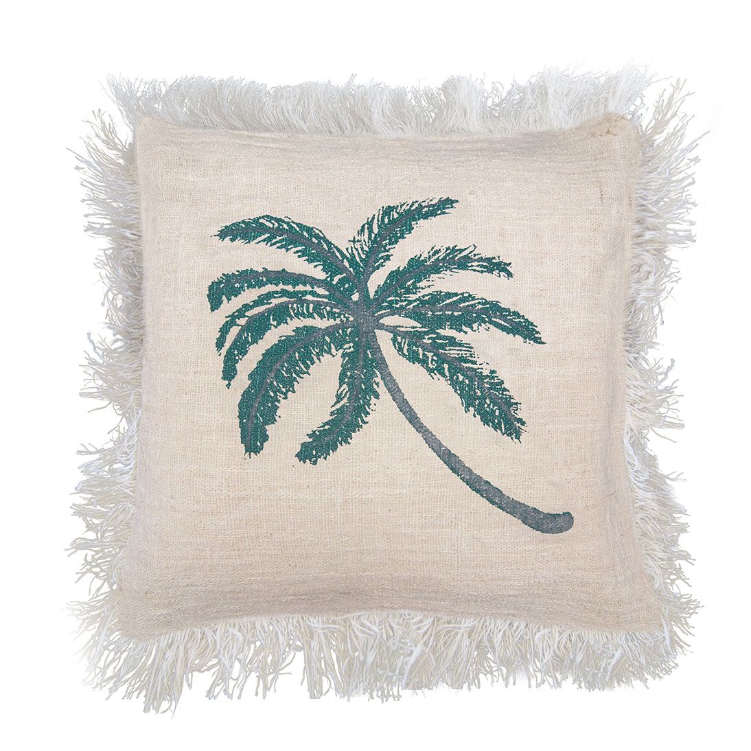 Linen Palm Tree Cushion – 45x45 CM beige linen and cotton cushion cover with green palm tree print and fringed edges