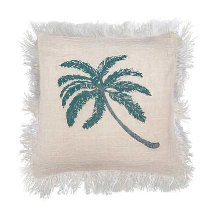 Linen Palm Tree Cushion – 45x45 CM beige linen and cotton cushion cover with green palm tree print and fringed edges
