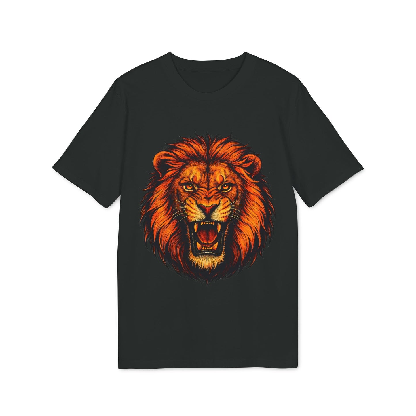 Alt Tag: Lion Attack Marcial Arts Premium Unisex T-Shirt negra con diseño frontal de cabeza de león rugiendo en tonos naranja y rojo
