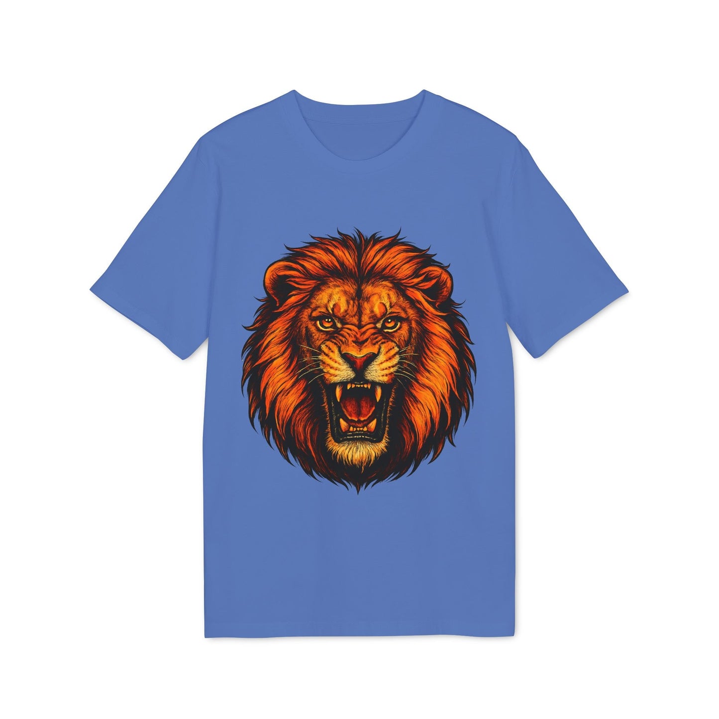 Alt Tag: Lion Attack Marcial Arts Premium Unisex T-Shirt azul con ilustración de cabeza de león rugiendo en el pecho