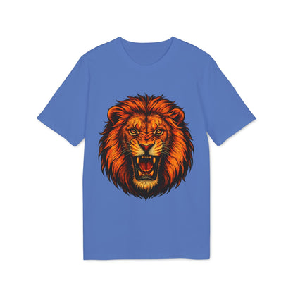 Alt Tag: Lion Attack Marcial Arts Premium Unisex T-Shirt azul con ilustración de cabeza de león rugiendo en el pecho