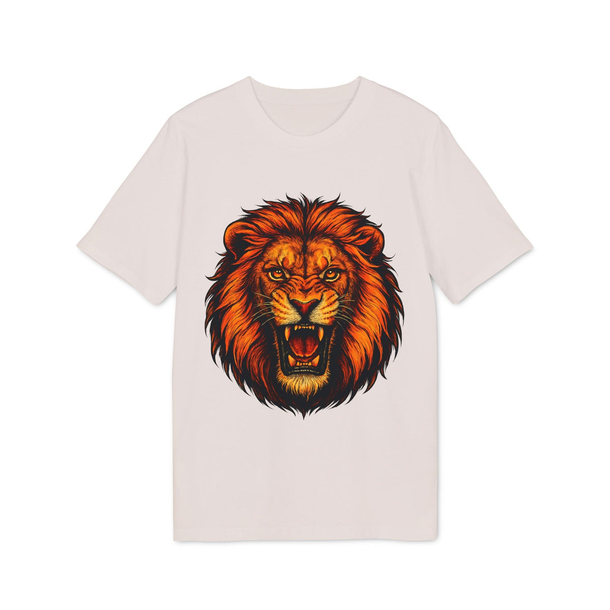 Alt Tag: Lion Attack Marcial Arts Premium Unisex T-Shirt con ilustración de león rugiendo en el frente, camiseta unisex color claro