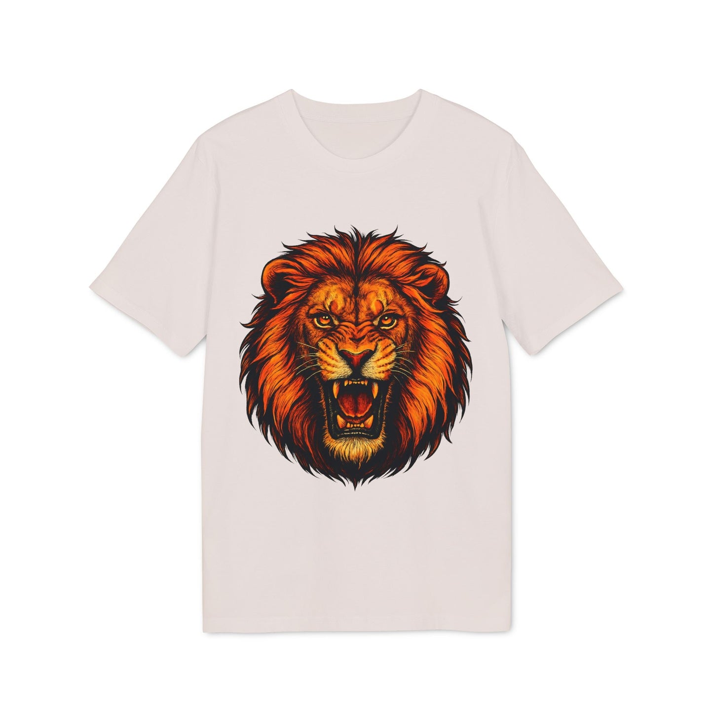 Alt Tag: Lion Attack Marcial Arts Premium Unisex T-Shirt con ilustración de león rugiendo en el frente, camiseta unisex color claro