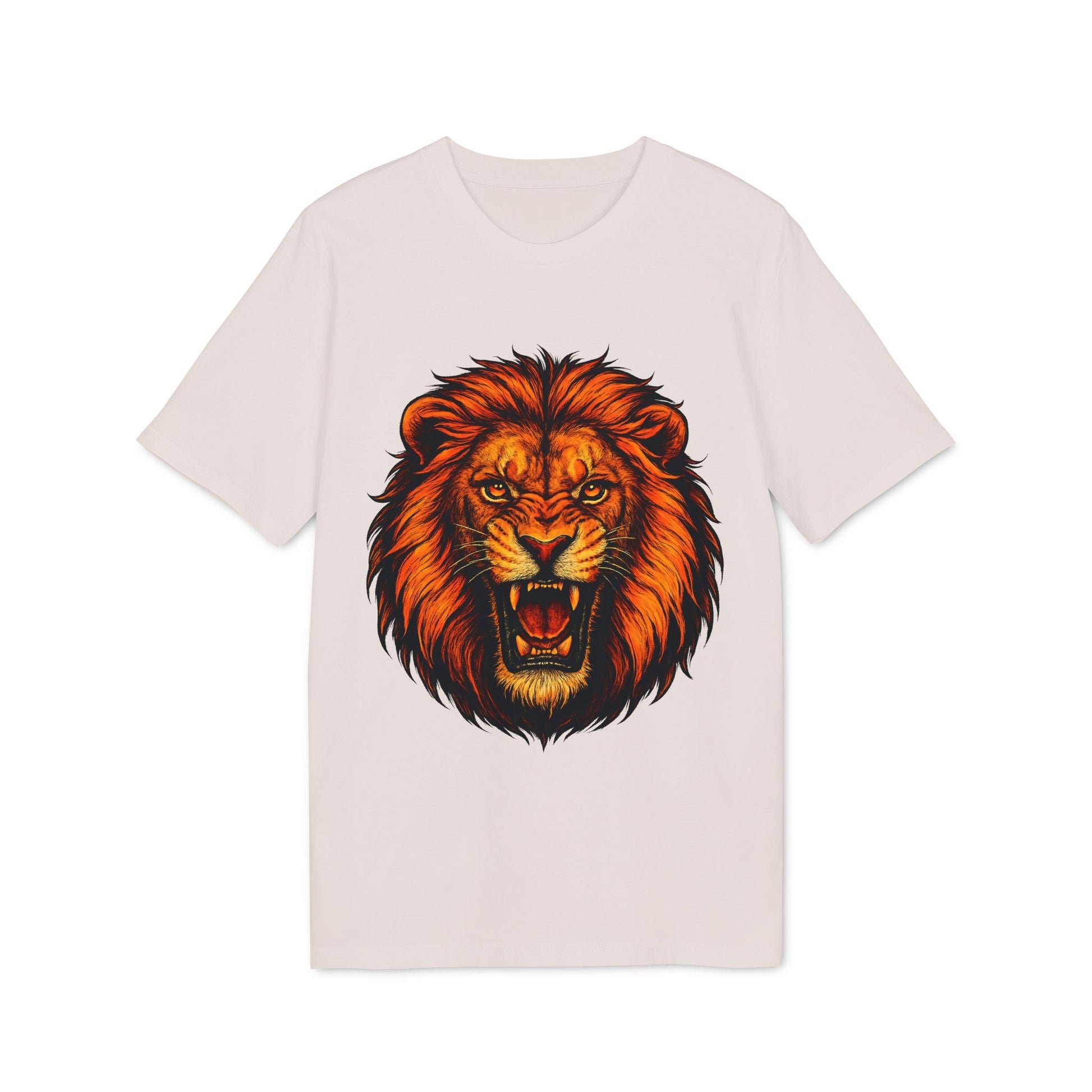 Alt Tag: Lion Attack Marcial Arts Premium Unisex T-Shirt con ilustración de león rugiendo en el frente, camiseta unisex color claro