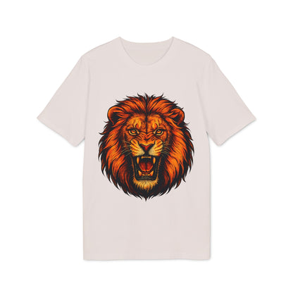 Alt Tag: Lion Attack Marcial Arts Premium Unisex T-Shirt con ilustración de león rugiendo en el frente, camiseta unisex color claro