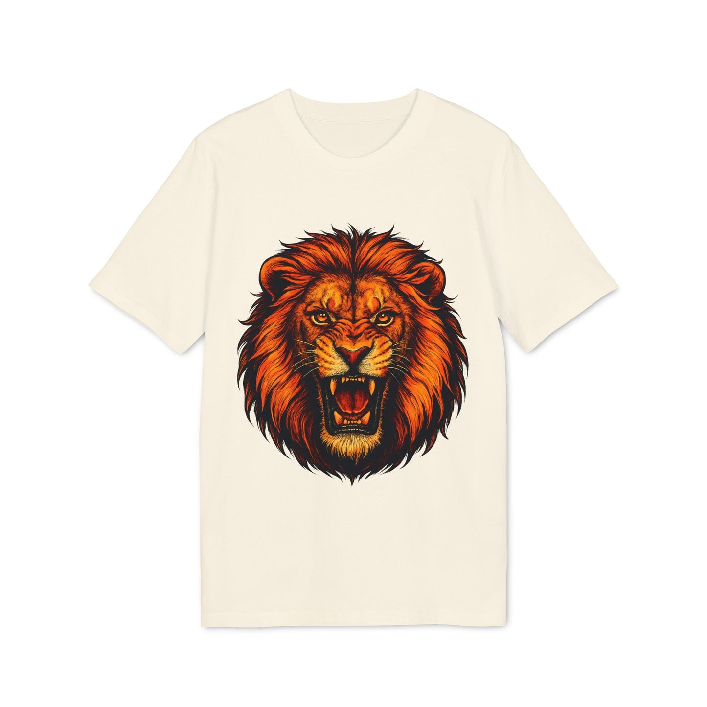 Alt Tag: Lion Attack Marcial Arts Premium Unisex T-Shirt con gráfico de león rugiendo en camiseta color crema