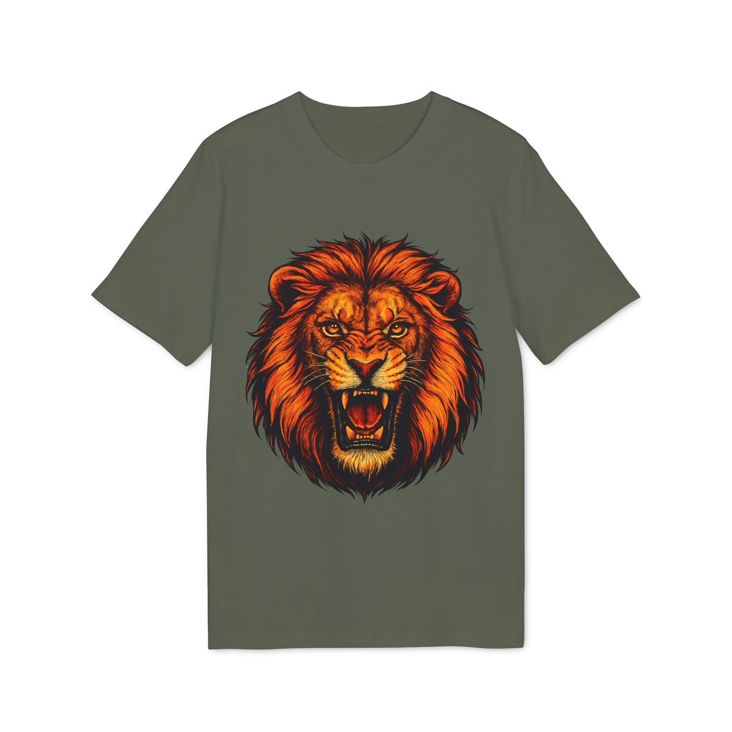Lion Attack Marcial Arts Premium Unisex T-Shirt in verde oliva con ilustración de león rugiendo en el pecho