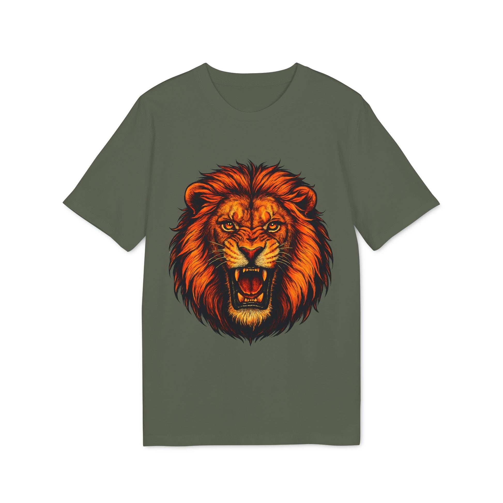 Lion Attack Marcial Arts Premium Unisex T-Shirt in verde oliva con ilustración de león rugiendo en el pecho
