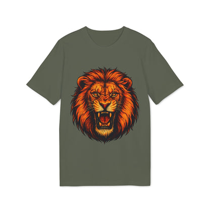 Lion Attack Marcial Arts Premium Unisex T-Shirt in verde oliva con ilustración de león rugiendo en el pecho