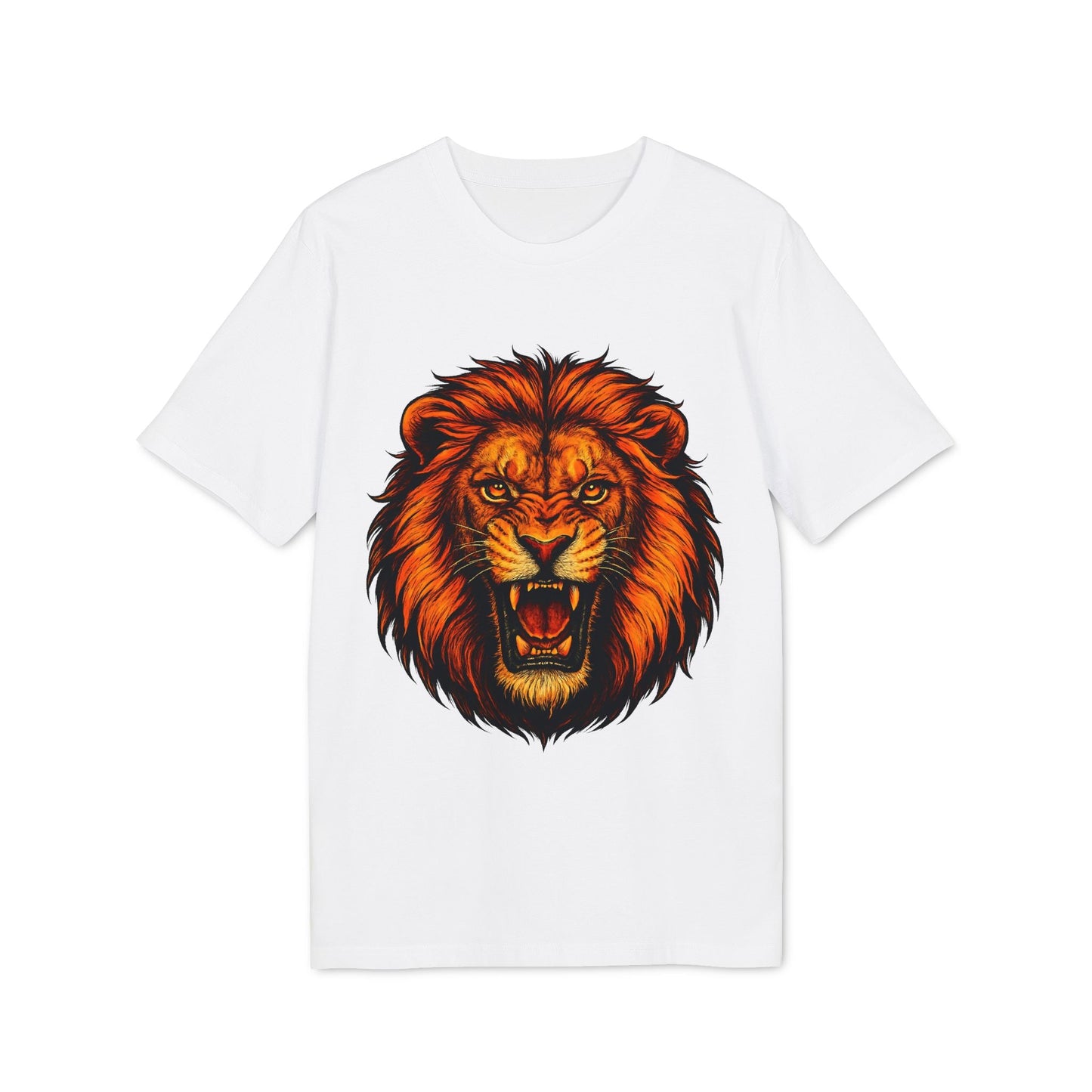 Alt Tag: Lion Attack Marcial Arts Premium Unisex T-Shirt blanca con gráfico frontal de león rugiendo en tonos naranja y negro
