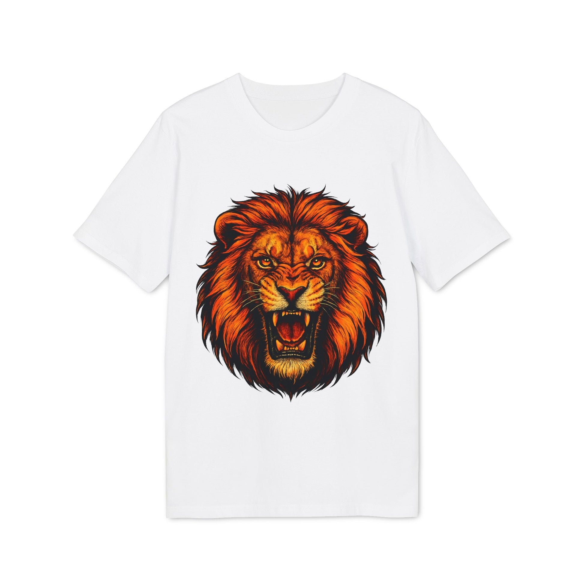 Alt Tag: Lion Attack Marcial Arts Premium Unisex T-Shirt blanca con gráfico frontal de león rugiendo en tonos naranja y negro
