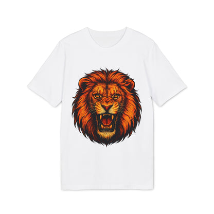 Alt Tag: Lion Attack Marcial Arts Premium Unisex T-Shirt blanca con gráfico frontal de león rugiendo en tonos naranja y negro