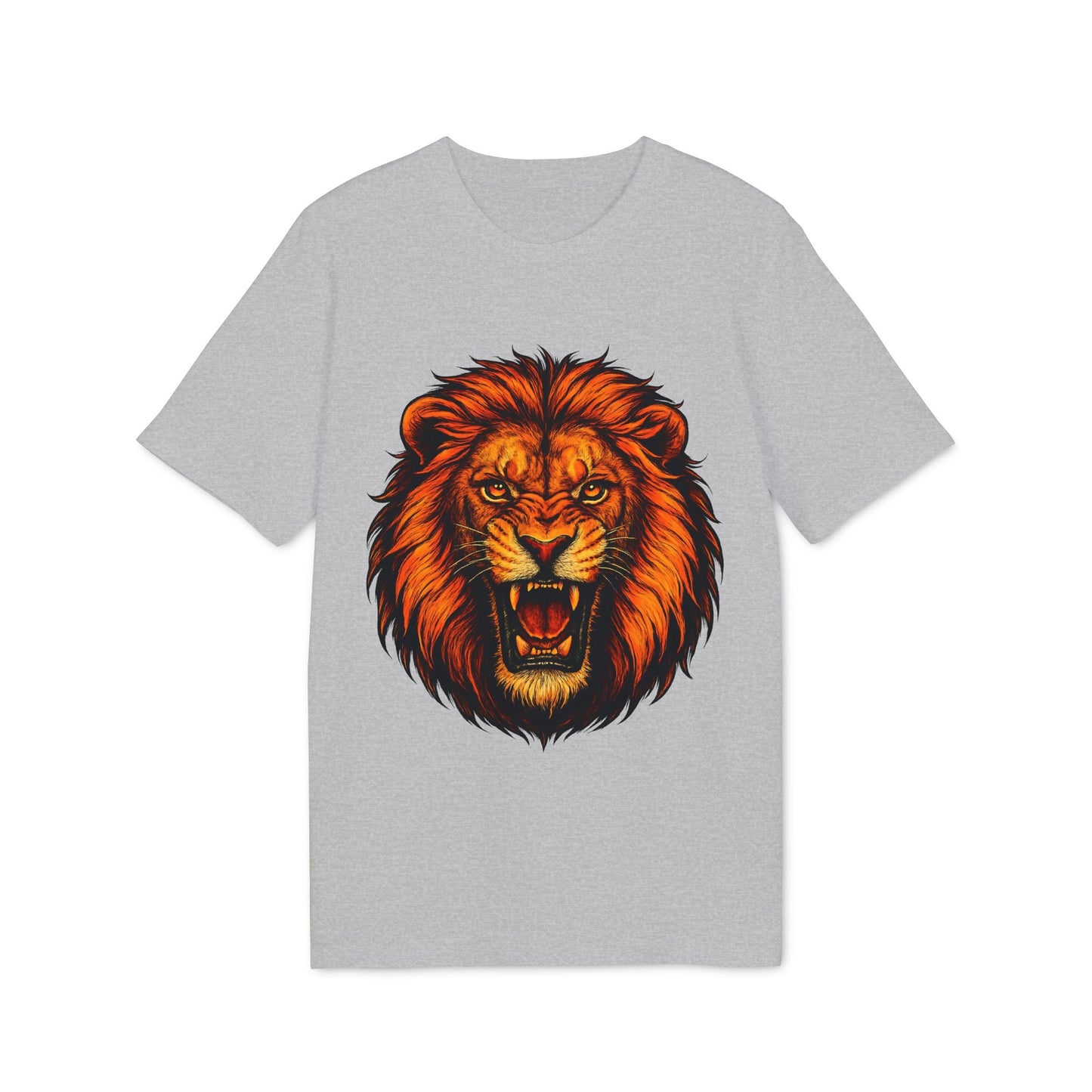 Alt Tag: Lion Attack Marcial Arts Premium Unisex T-Shirt gris con ilustración frontal de cabeza de león rugiendo en tonos naranja y negro