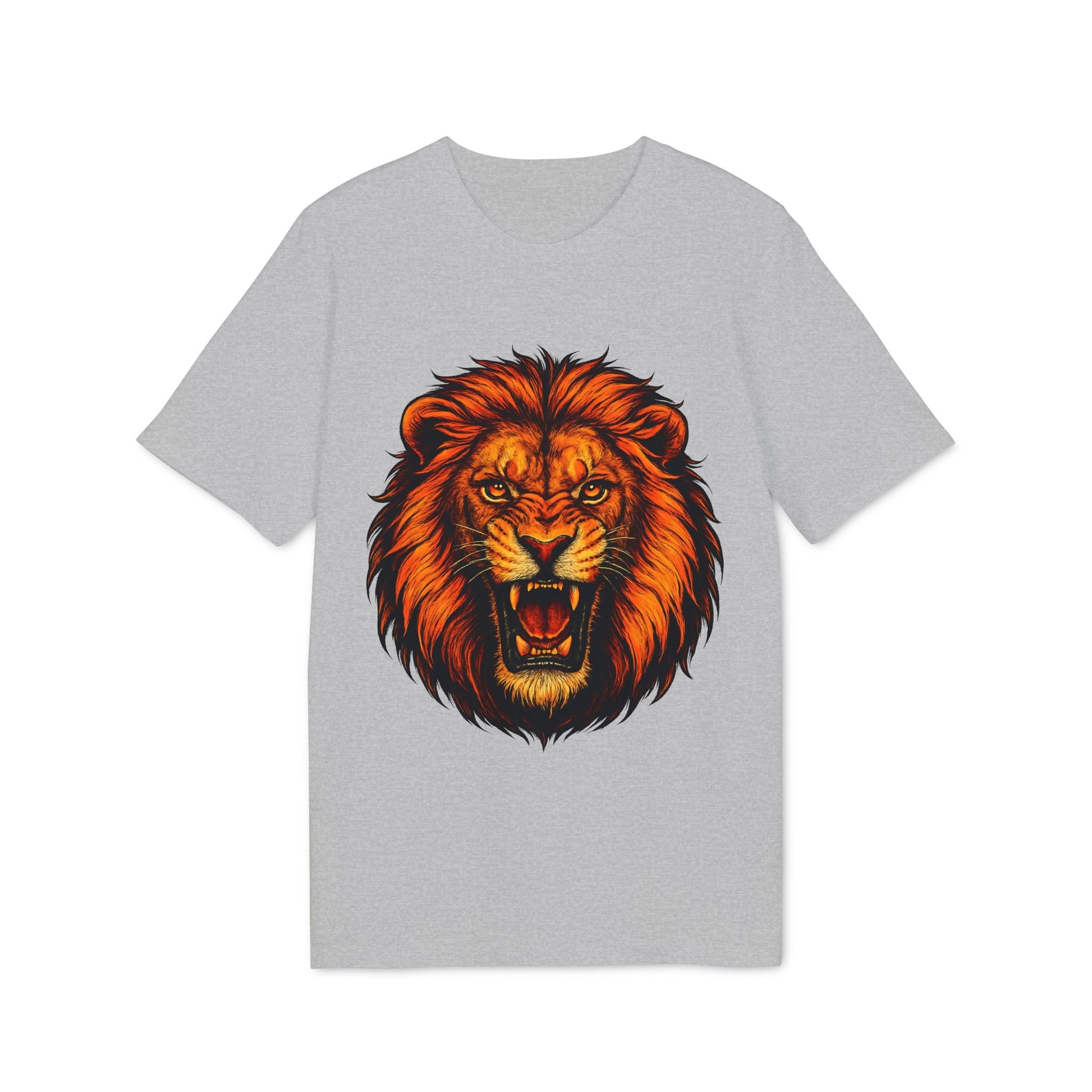 Alt Tag: Lion Attack Marcial Arts Premium Unisex T-Shirt gris con ilustración frontal de cabeza de león rugiendo en tonos naranja y negro