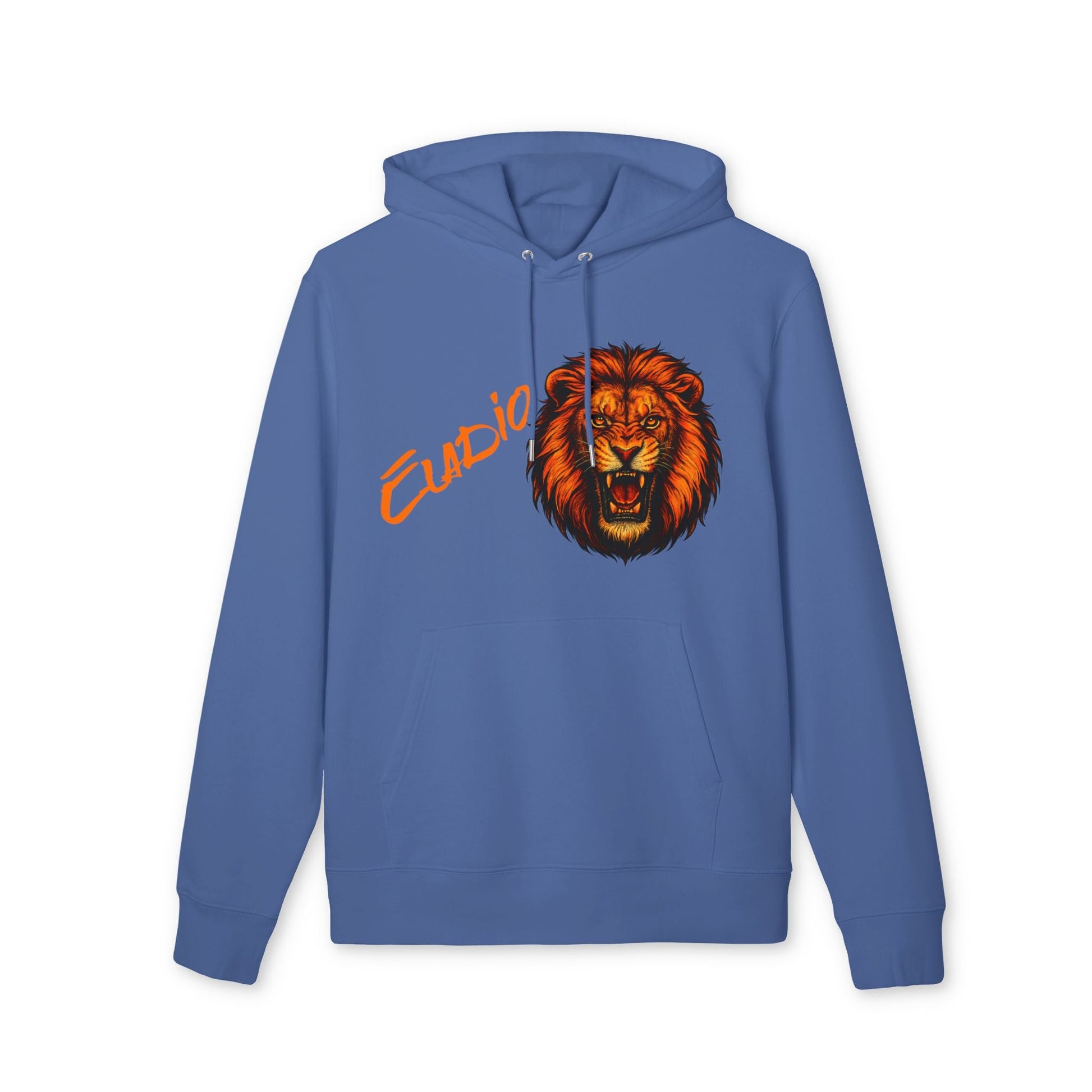 Alt Tag: Lion Personalized Marcial Arts Premium Unisex Hoodie azul con capucha, diseño de león rugiendo y nombre personalizado “Claudio” en el pecho
