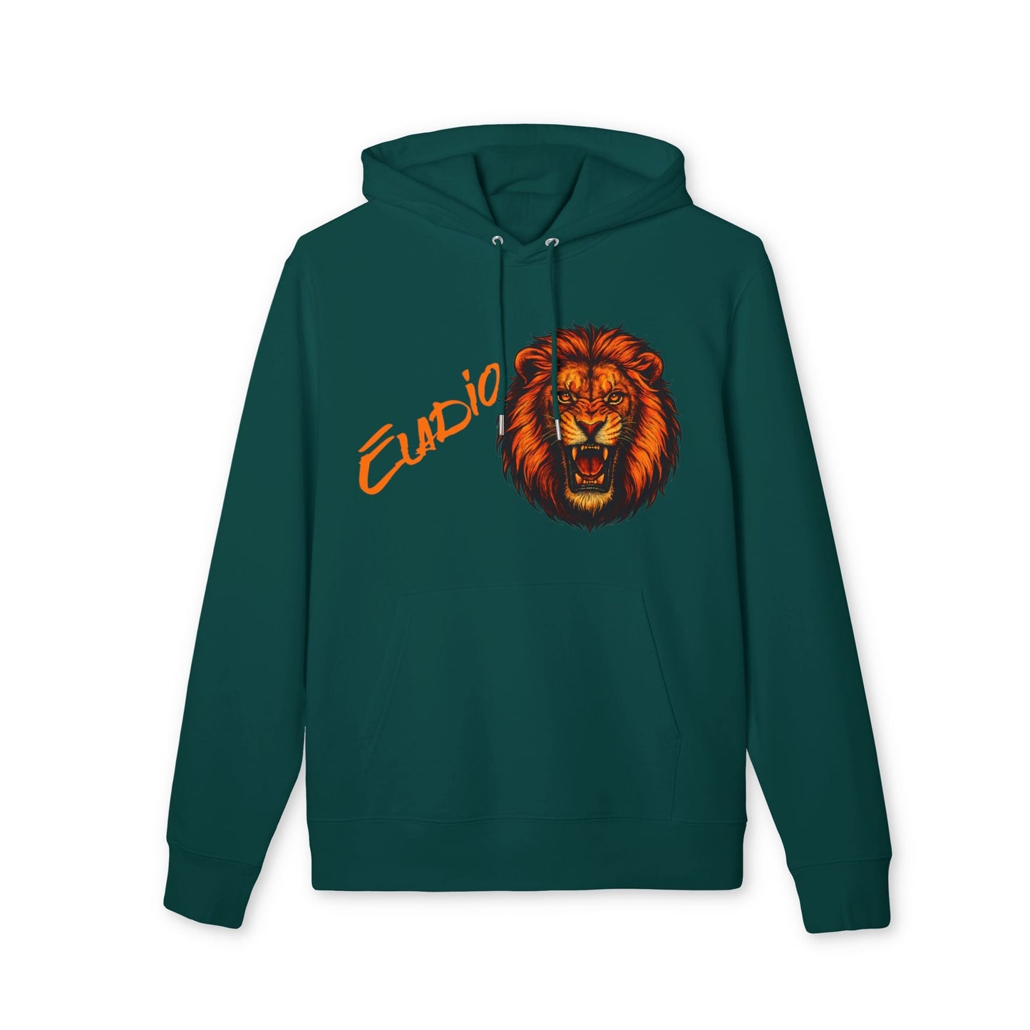 Alt Tag: Lion Personalized Marcial Arts Premium Unisex Hoodie verde azulado con capucha, diseño de león rugiendo y nombre "Claudio"