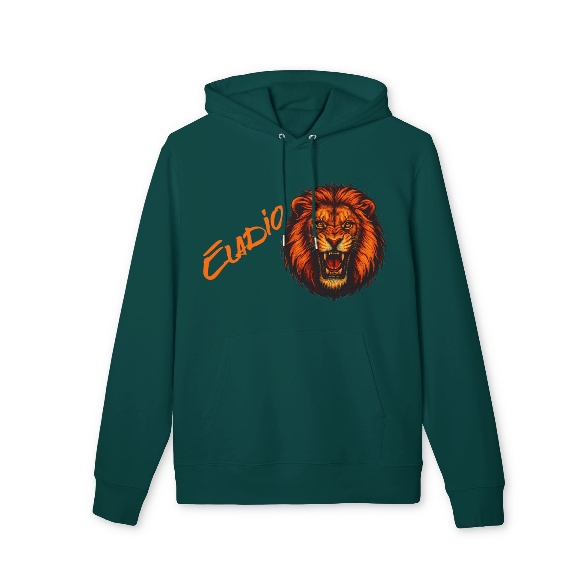 Alt Tag: Lion Personalized Marcial Arts Premium Unisex Hoodie verde azulado con capucha, diseño de león rugiendo y nombre "Claudio"