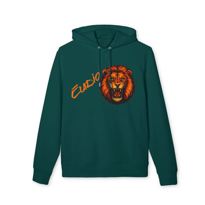 Alt Tag: Lion Personalized Marcial Arts Premium Unisex Hoodie verde azulado con capucha, diseño de león rugiendo y nombre "Claudio"