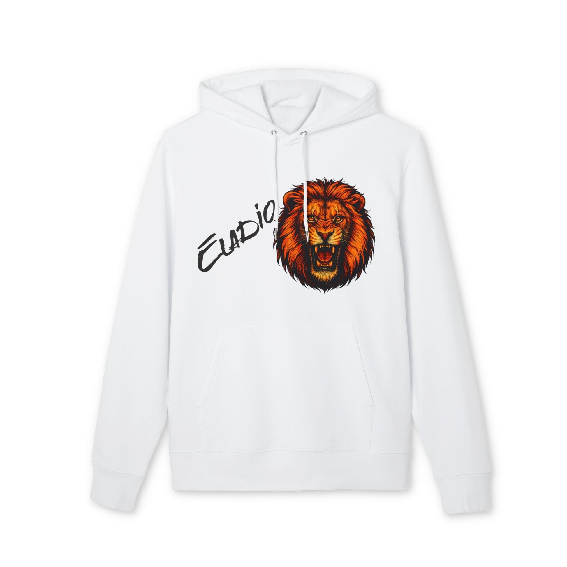 Lion Personalized Marcial Arts Premium Unisex Hoodie blanca de algodón orgánico con capucha, cordones y estampado de león y nombre personalizable