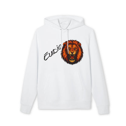 Lion Personalized Marcial Arts Premium Unisex Hoodie blanca de algodón orgánico con capucha, cordones y estampado de león y nombre personalizable