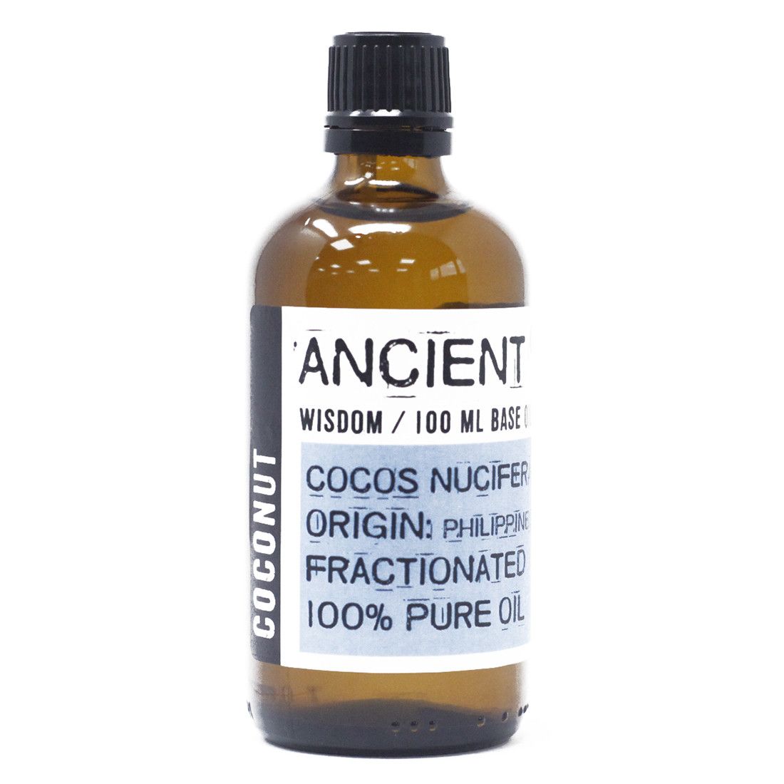 Liquid Coconut Base Oil – 100ML frasco de aceite de coco fraccionado 100% puro, origen Filipinas, etiqueta Ancient Wisdom