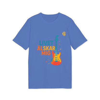 Alt Tag: Livet Älskar Mig Electric Guitarr Drix Sustainable Unisex Tee blue T-shirt with electric guitar graphic and “LIVET ÄLSKAR MIG” text