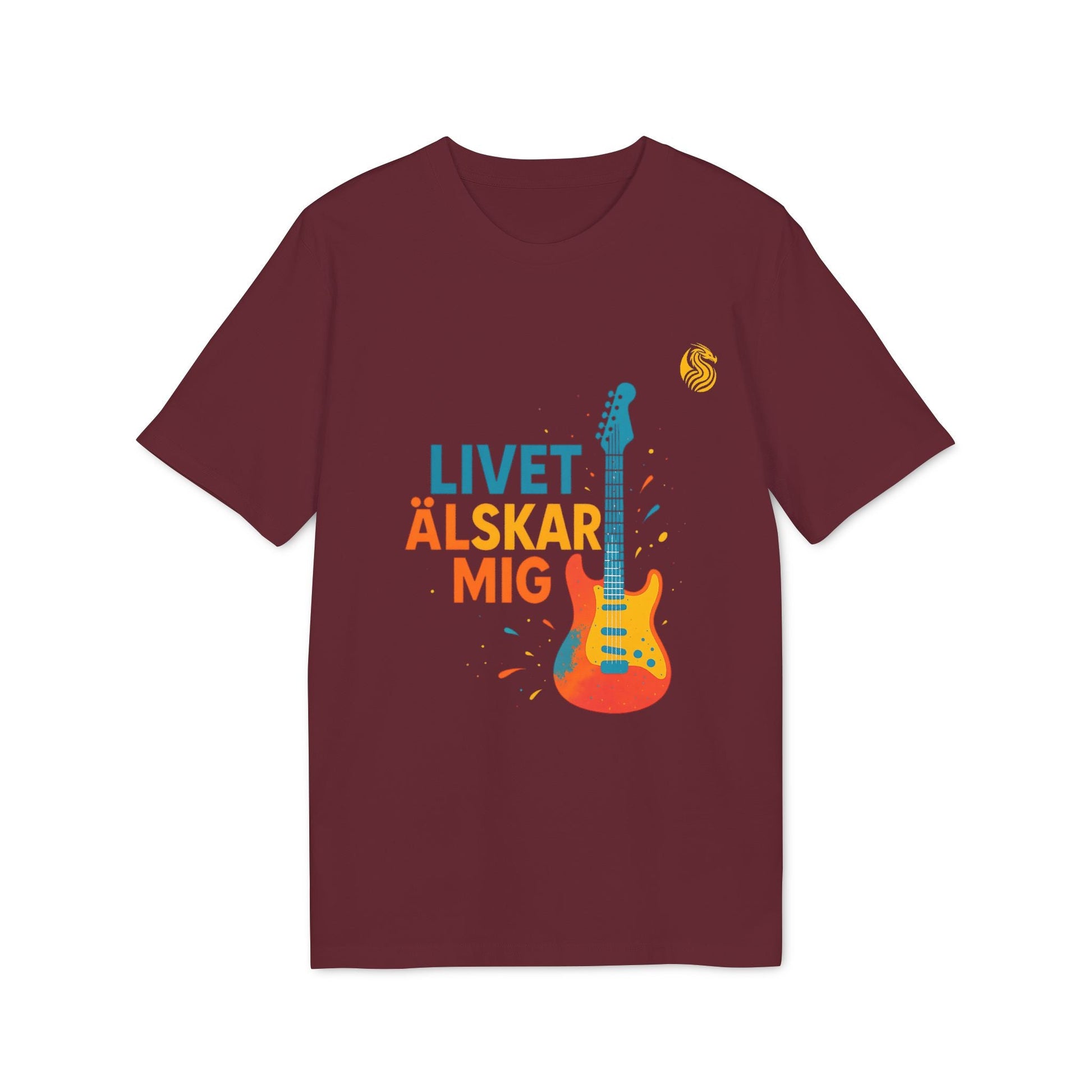 Alt Tag: Livet Älskar Mig Electric Guitarr Drix Sustainable Unisex Tee, burgundy t-shirt with electric guitar graphic and “LIVET ÄLSKAR MIG” text