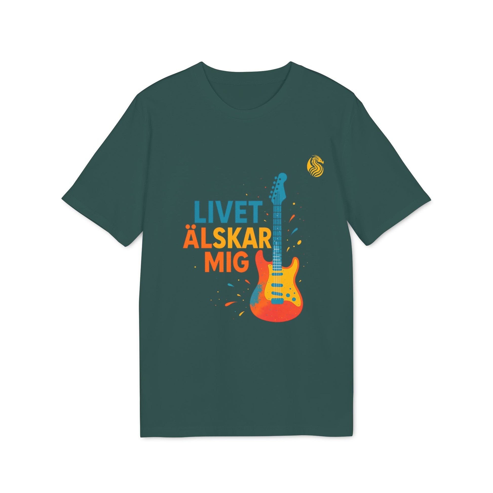Alt Tag: Livet Älskar Mig Electric Guitarr Drix Sustainable Unisex Tee verde oscuro con gráfico de guitarra eléctrica y texto “Livet Älskar Mig”