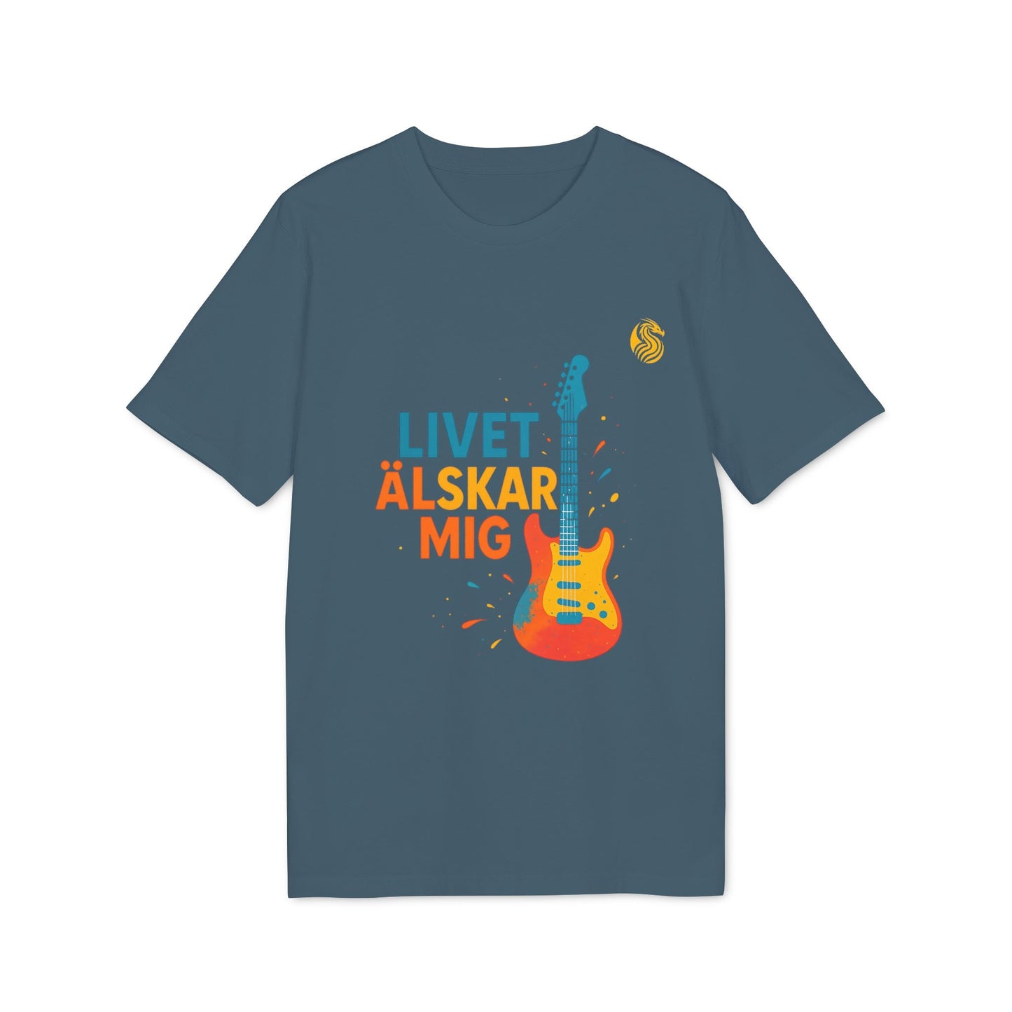 Alt Tag: Livet Älskar Mig Electric Guitarr Drix Sustainable Unisex Tee dark blue t-shirt with colorful electric guitar graphic and text "LIVET ÄLSKAR MIG"