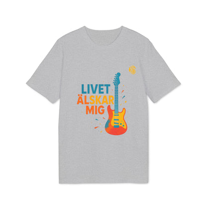 Livet Älskar Mig Electric Guitarr Drix Sustainable Unisex Tee gray t-shirt with colorful electric guitar and “LIVET ÄLSKAR MIG” print