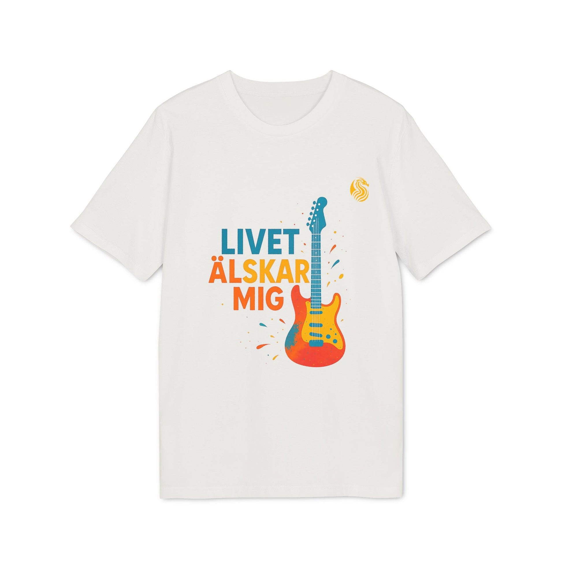 Alt Tag: Livet Älskar Mig Electric Guitarr Drix Sustainable Unisex Tee with colorful electric guitar graphic and “Livet Älskar Mig” text