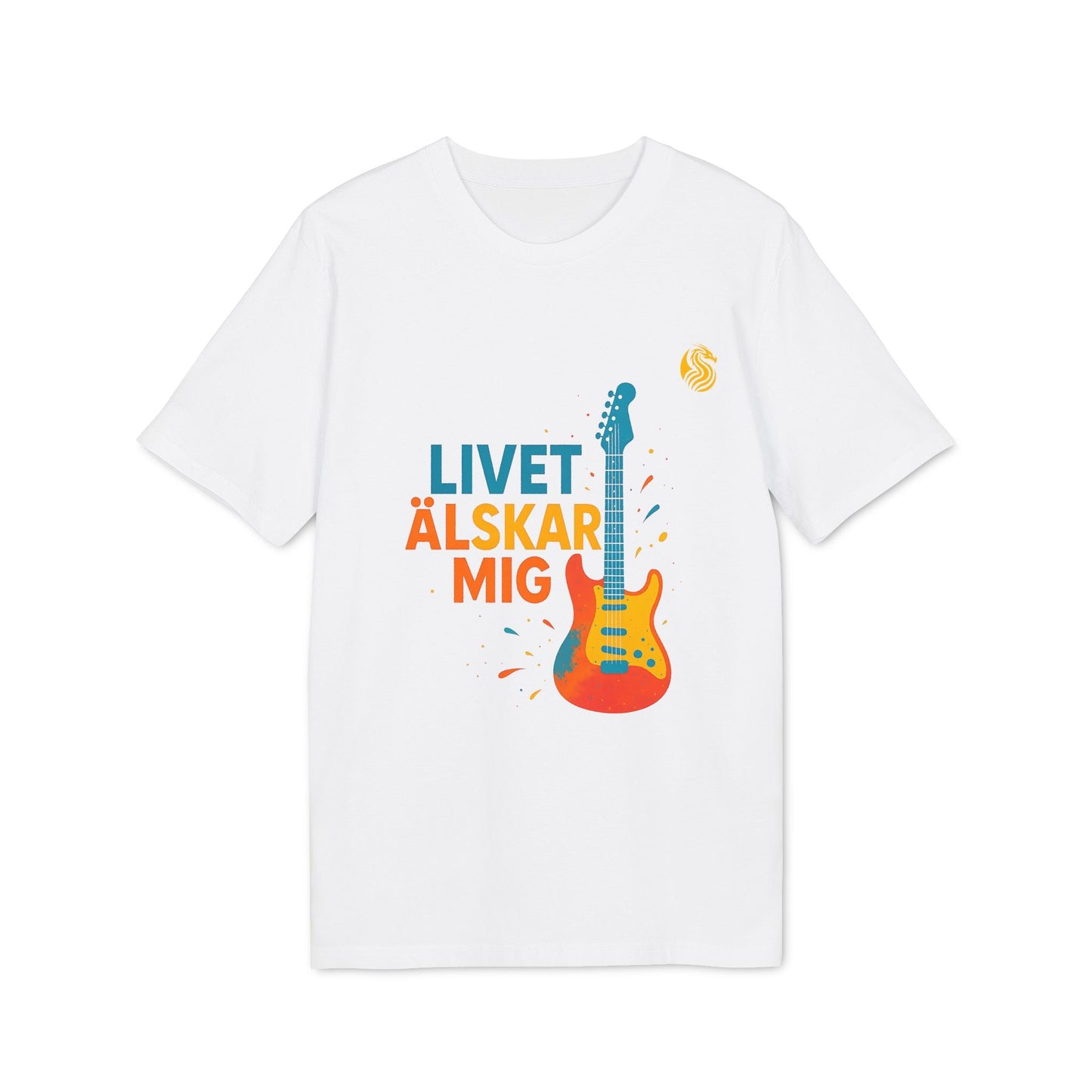 Alt Tag: Livet Älskar Mig Electric Guitarr Drix Sustainable Unisex Tee vit t-shirt med "LIVET ÄLSKAR MIG" och elgitarr-tryck