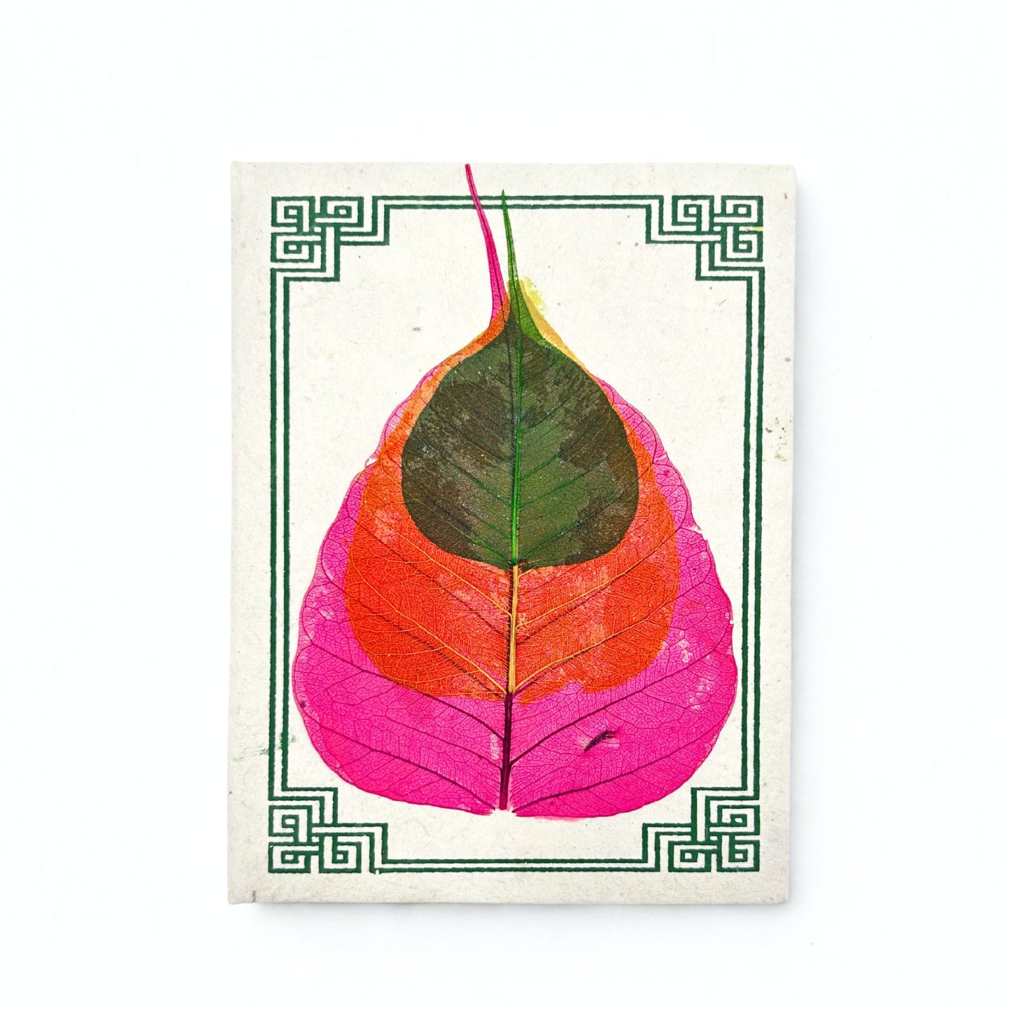 Alt Tag: Lokta Bodhi Leaf Notebook – Large 15x12 CM, 45 Pages with handmade Lokta paper cover and colorful Bodhi leaf design