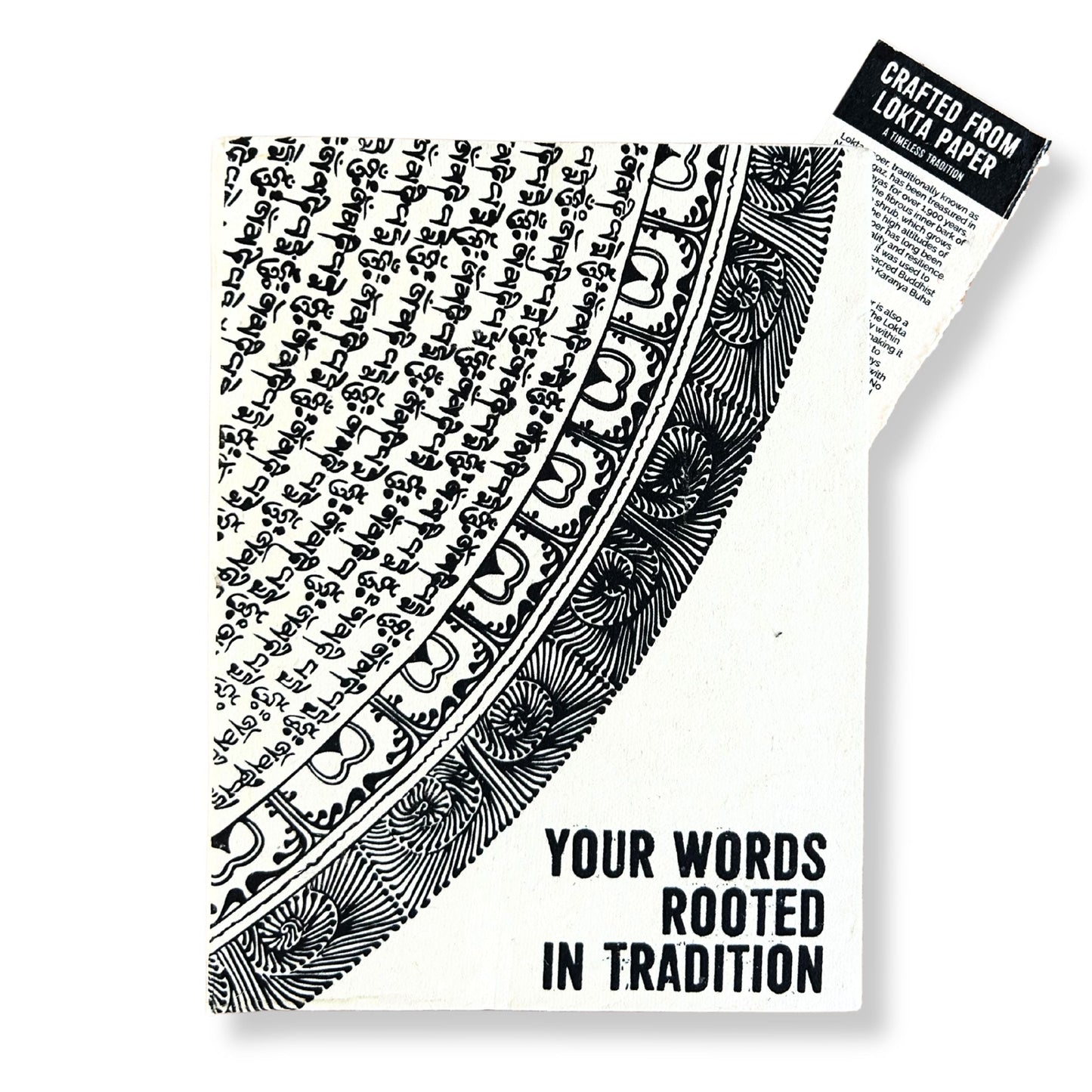 Alt Tag: Lokta Paper Inspiration Notebook – 21x15 CM – 45 Pages cover with black-and-white tribal motif, crafted from Lokta paper