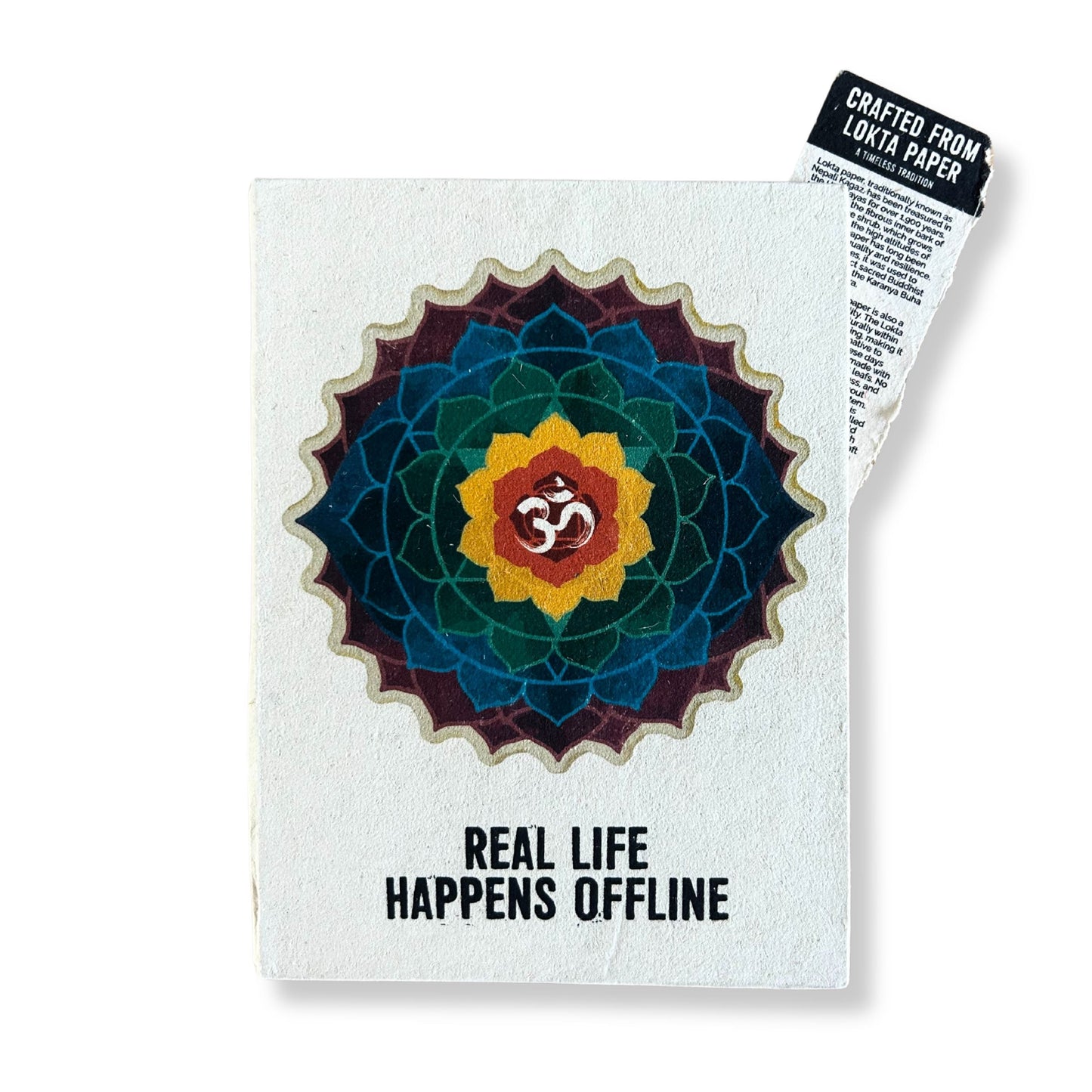 Lokta Paper Inspiration Notebook – Real Life Offline 21x15 CM with mandala cover design and “Real Life Happens Offline” text, Lokta paper